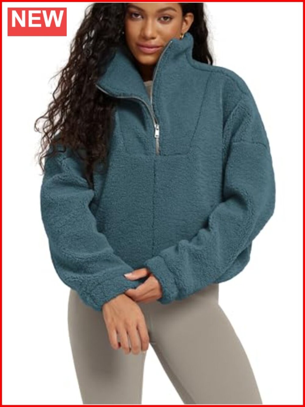 Sherpa Fleece Half-Zip Pullover Sweatshirt Funnel Neck Cinchable Hem Pockets
